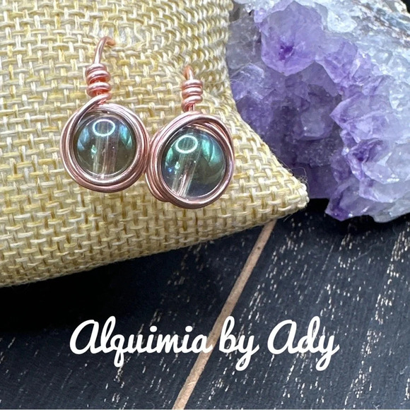 Mystic Aura Quartz drops spheres dangle gold/rose gold earrings statement - Picture 1 of 8